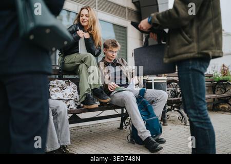 High school students studying together on a bench outside a school building Stock Photo