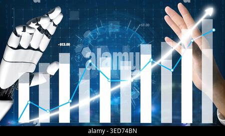 This image illustrates the integration of artificial intelligence and robotics in business analytics, showcasing a robotic hand analyzing growth Stock Photo
