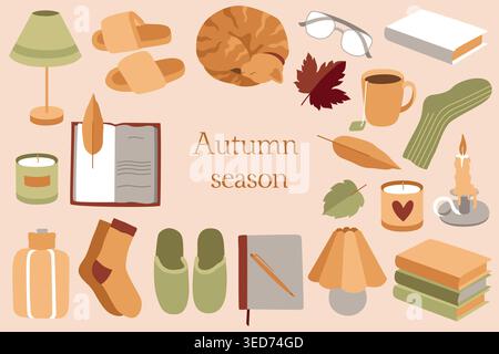 Hand-drawn autumn clip art set of illustrations, maple leaf, cat, warm socks, books for fall vibes cozy cottage core projects  Stock Vector