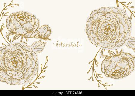 Golden botanical banner with peonies and leaves for wedding or greeting cards Stock Vector