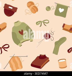 Hand-drawn autumn knitting seamless pattern made of bow, sweater, threads, knitting needles in warm colors for packaging, textile Stock Vector
