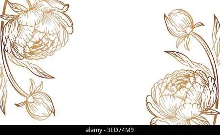 Horizontal frame with golden peonies and buds in hand drawn botanical style Stock Vector