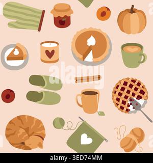 Hand-drawn autumn seamless pattern made of cozy cat, pumpkin and cherry pie, knitting for fall cozy projects, seasonal background Stock Vector