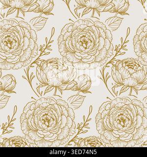 Seamless pattern with golden peony flowers and leaves in vintage botanical style Stock Vector