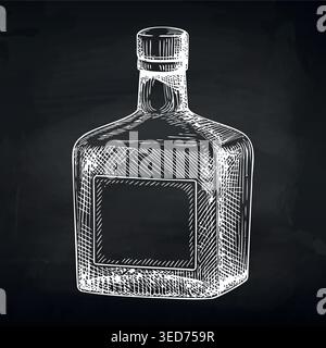 Glass liquor bottle chalk drawing on a blackboard background Stock Vector