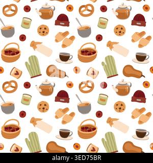 Hand-drawn autumn cottage core seamless pattern of cozy elements, fruits, seasonal bakery for seasonal background, fall project Stock Vector