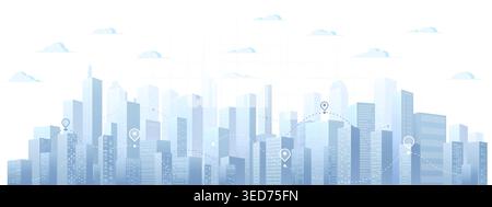 Light blue city skyline panorama with connected navigation route and location markers. Vector illustration. Stock Vector