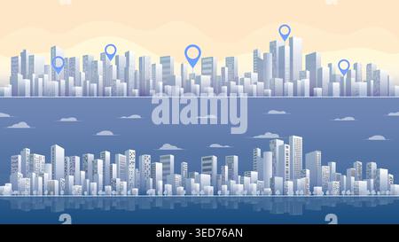 Horizontal city banners featuring day and night skylines with water reflections. Vector illustration Stock Vector