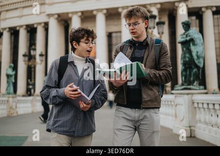 Two students studying and discussing notes outdoors in front of a classical university building Stock Photo