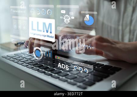Large Language Model LLM processing data. Represents deep text learning, natural language processing NLP AI tech, transformer architecture, and Stock Photo