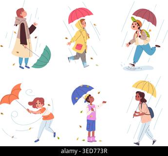 Children walk umbrella. Kids walking rainy autumn day, child boy girl umbrellas rain puddles fun wind spring season together raincoat cold wet weather classy vector illustration original artwork Stock Vector