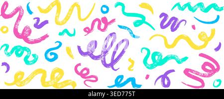 Crayon squiggles. Curly line, colorful squiggle pencil squiggly brush stroke curve wave bold thick rough abstract texture hand drawn doodle scribble qualitative vector illustration original artwork Stock Vector