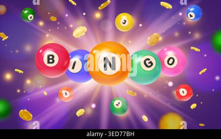 Bingo balls banner. Lottery number ball fly effect, online casino game or lotto billiard wanner poster falling balls lucky gambling bonus money prize exact vector illustration original artwork Stock Vector