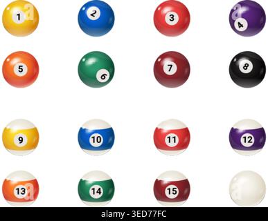 Realistic billiard balls. 3d snooker ball pool, cue gambling game rack isolated ball eight five number black white green blue red color round spheres exact vector illustration original artwork Stock Vector
