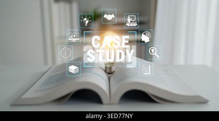 Light Bulb Symbolizing Innovation Above Open Book with Case Study Icons Representing Education and Business Solutions for Online Learning and Research Stock Photo