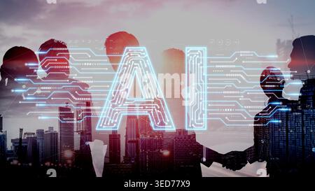 Business Team Collaboration on Artificial Intelligence Concept with City Skyline Silhouette and Technology Elements Overlaying the Image Sigmoid Stock Photo