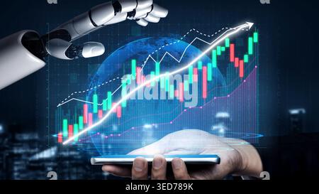 A robotic hand reaches for a smartphone displaying a financial growth chart, symbolizing the intersection of technology and finance in the modern Stock Photo