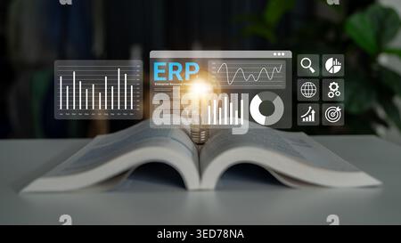 An open book with a glowing lightbulb symbolizes the fusion of knowledge and technology, illustrating ERP innovation and data-driven insights in Stock Photo