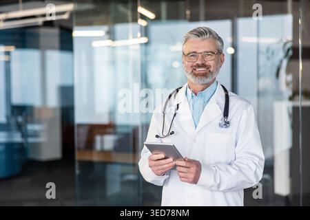 Mature male doctor with a friendly smile standing in a modern clinic or hospital office, wearing a white coat and stethoscope, using a digital tablet for healthcare technology Stock Photo