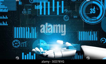 A robot hand reaches out to interact with glowing digital data visualizations and analytics. The image embodies technology, automation, and innovation Stock Photo