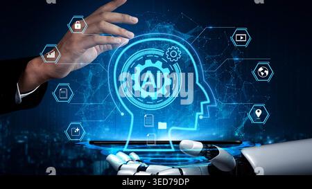 Futuristic Concept of Artificial Intelligence and Robotics with Human Interaction and Digital Innovation in Technology Industry Gluon. Stock Photo