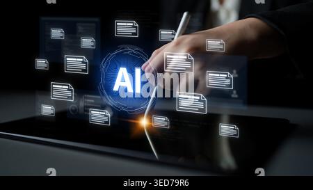 AI document automation concept with floating files and knowledge cards. Document NLP processing, search, document summarization, LLM document Stock Photo