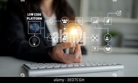 Business Professional Holding Light Bulb with Low Code Platform Concept Showing Innovation and Collaboration in Technology Development Quark. Stock Photo