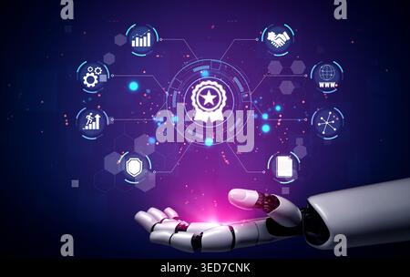Futuristic Robot Hand Presenting Digital Icons Representing Innovation, Technology, Success, and Global Connectivity in a Vibrant Cybernetic Stock Photo