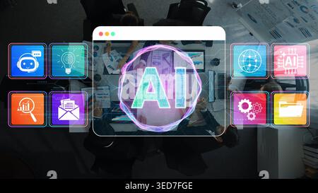 Futuristic Digital Workspace Visualization Featuring Artificial Intelligence Concepts and Tools with Colorful Icons and Technology Interfaces Sigmoid Stock Photo