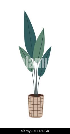 Stylized plant in woven pot with green leaves Stock Vector
