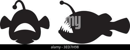 Angler Fish Silhouette Vector Set for Deep Sea Marine Life and Aquatic Illustration Stock Vector