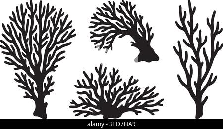 Sea Coral Reef Silhouette Vector Set for Marine Life and Aquatic Ecosystem Design Stock Vector