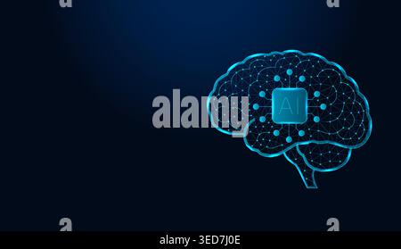 Low poly wireframe human brain artificial intelligence on dark blue background. Stock Vector
