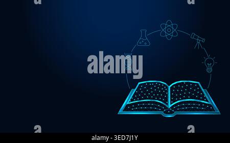 Open book with science and education icons in low poly wireframe style on dark blue background. Stock Vector