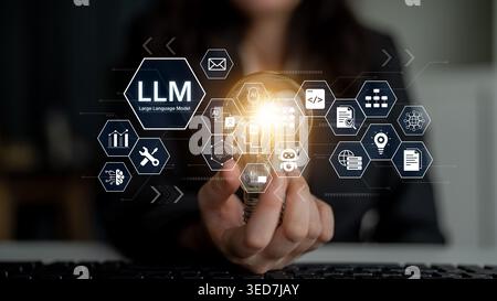 Large Language Model LLM processing data. Represents deep text learning, natural language processing NLP AI tech, transformer architecture, and Stock Photo