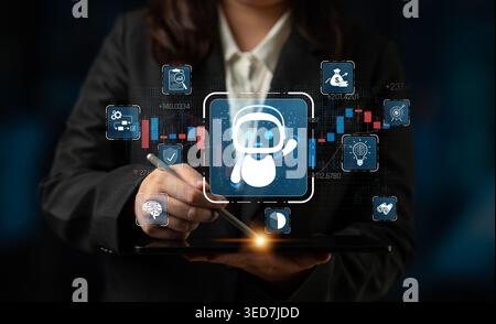 Professional woman using digital tablet to interact with artificial intelligence graphics and data visualizations in a modern business environment Stock Photo