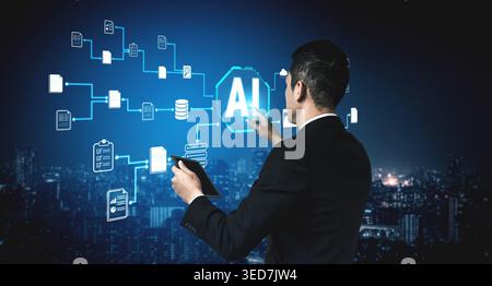 Futuristic Businessman Interacting with Artificial Intelligence and Data Visualizations in a Night Cityscape Background Quark. Stock Photo