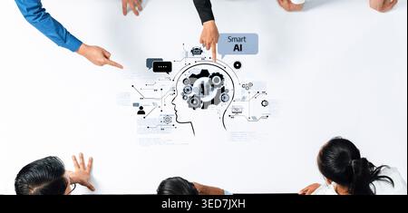 A diverse team collaborates in a meeting, focusing on artificial intelligence concepts and technology strategies using visual aids to enhance Stock Photo