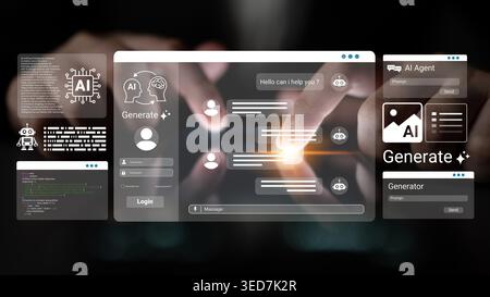 A close-up of a user hand interacting with an AI chatbot interface, showcasing messaging features and digital visual elements for enhanced customer Stock Photo
