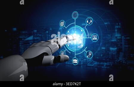Futuristic Robotic Hand Interacting with Digital Interface and Data Visualization in a High-Tech Urban Environment Fluxor. Stock Photo
