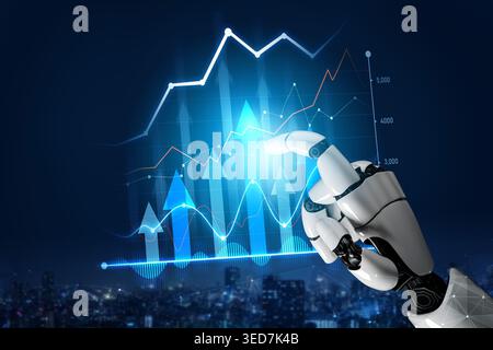 A futuristic robotic hand reaches toward digital financial graphs, symbolizing the intersection of technology and analytics in modern business Stock Photo