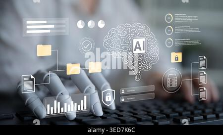 A futuristic image depicting a robotic hand typing on a keyboard, accompanied by various data visualizations and an AI brain icon, showcasing Stock Photo