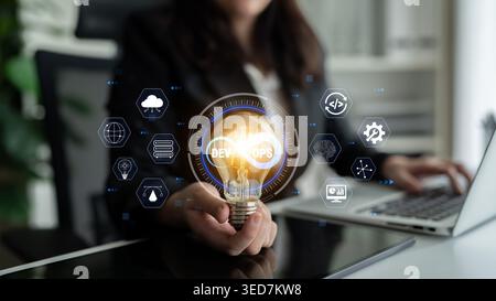 Professional Woman Holding Light Bulb with DevOps Icons Representing Innovation, Technology, and Collaboration in Modern Workspace Quark. Stock Photo