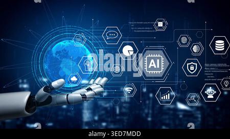 Futuristic Robotic Hand Interacting with Digital Globe and Technology Icons Representing Artificial Intelligence, Data Analytics, and Global Stock Photo