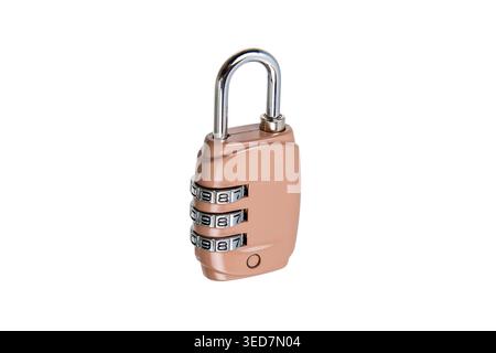 Beige three-digit combination padlock isolated on white background. Stock Photo
