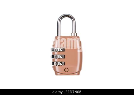 Beige three-digit combination padlock isolated on white background. Stock Photo