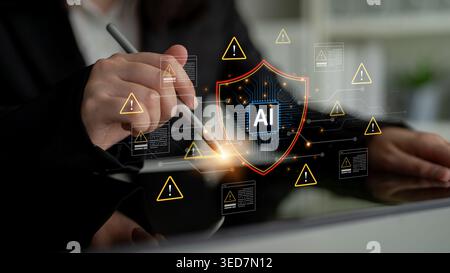 AI cybersecurity safeguards systems with encryption, access control, and AI secure data flow. Futuristic cyber security featuring AI digital shield Stock Photo