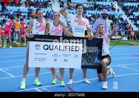 GABORONE, BOTSWANA: Sunday 03 May 2026, Ilana Hanssens, Camille Laus, Jonathan Sacoor and Daniel Segers of Belgium after qualifying for the 2027 World Championships in Beijing, China, during Day 2 of the 2026 Debswana World Athletics Relays held at the Botswana National Stadium. The championships take place on Saturday and Sunday 02 to 03 May 2026.  Photo by Roger Sedres/ImageSA Stock Photo