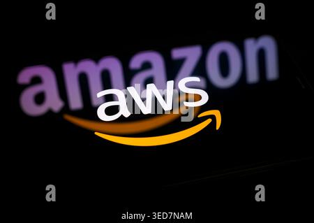Paris, France - May 4, 2026: The Amazon Web Services (AWS) logo, the world's most comprehensive and broadly adopted cloud platform. Stock Photo