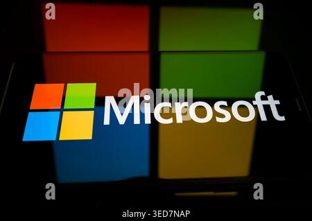 Paris, France - May 4, 2026: The Microsoft logo with its iconic four-color window icon, representing the global software and technology corporation. Stock Photo